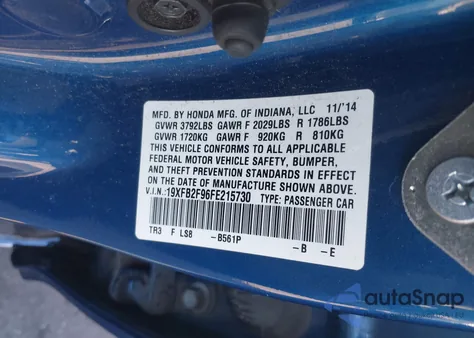 2015 Honda Civic Ex-L z USA, uszkodzony, nr VIN 19XFB2F96FE215730